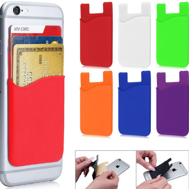 

OEM print customer logo Silicone Wallet Credit Card Pocket Bag Card holder Slot Phone Back Cover Case Pouch With Adhesive Sticker, White