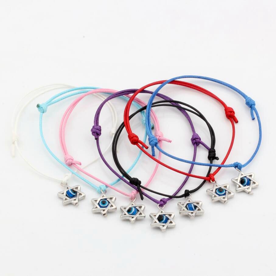 

Hot ! 50pcs Kabbalah Star of David Charms Mixed color Wax rope Adjustable Bracelets