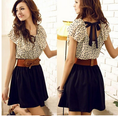 

Wholesale-2016 Summer Style Casual Crew-neck Short-sleeved Backless Polka Dot Printing Chiffon Woman Dress With Belt Vestido Vestidos, Multi