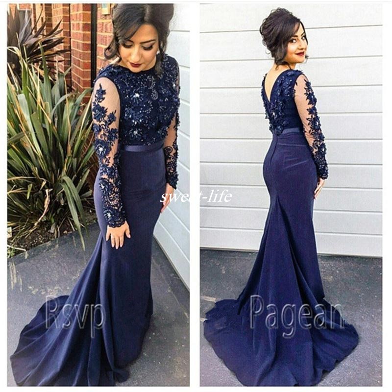 

Navy Blue Formal Evening Dresses Illusion Long Sleeve Mermaid Bateau Backless Lace Beaded 2019 Plus Size Prom Gowns Bridesmaid Dress, Fuchsia