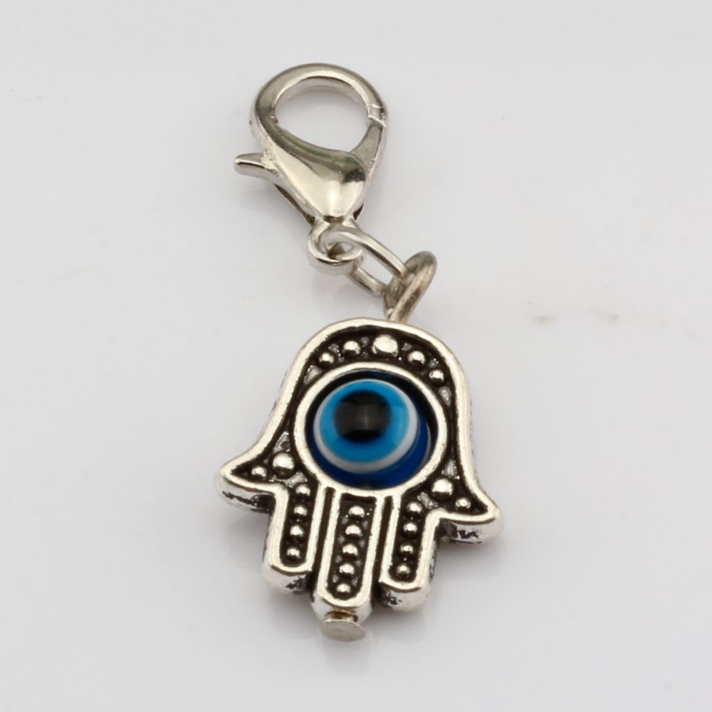 

Hot ! 100PCS Antique Silve Hamsa Hand EVIL EYE Kabbalah Good Luck Charms With lobster clasp Fit Charm Bracelet DIY Jewelry 13x32.5mm