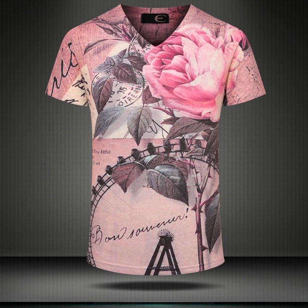 

w1209 2015 new summer vintage short sleeve v neck 3d t shirt men brand casual punk floral print cotton tops & tees Mens Clothing, White;black