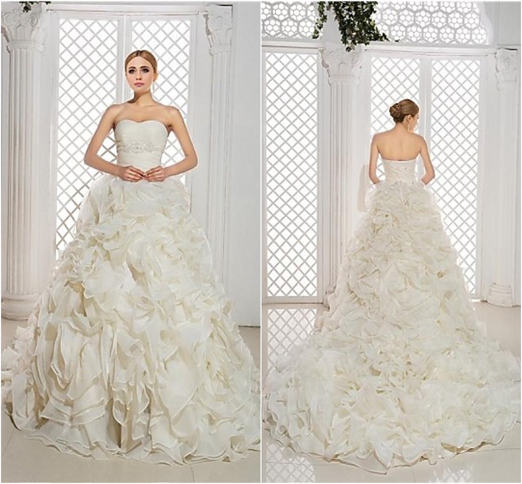 

2016 New Hot Fashion Free Shipping Elegant Ball Gown Chapel Train Ivory Sweetheart Lace-up Organza/Satin Wedding Dresses 150