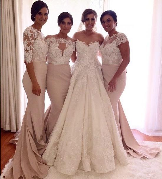 Long White Mermaid Bridesmaid Dresses 2016 Gorgeous Sweetheart Bateau Neck Lace Satin Custom Made Plus Size Champagne Prom Dresses
