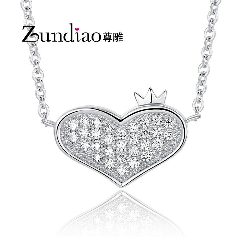 017 Statue carved sterling silver jewelry S925 Heart-shaped diamond pendant necklace wholesale full crown female clavicle chain pendant 1510