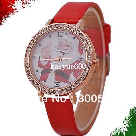 

JW351 Merry Christmas Watch Fashion Imitation Diamond Wristwatches Santa Claus Watch Case Genuine Leather Strap Clock