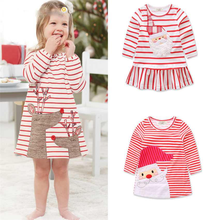 

Baby girls Christmas deer Santa Claus dress cartoon Children stripe princess dresses Xmas kids costume top quality