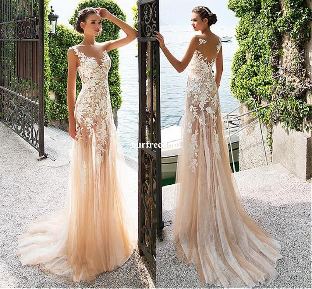 

2019 Champagne Lace Appliques Wedding Dresses Jewel Neck Zipper Back Sheath Bridal Gown Custom Made Hot Sale, Black