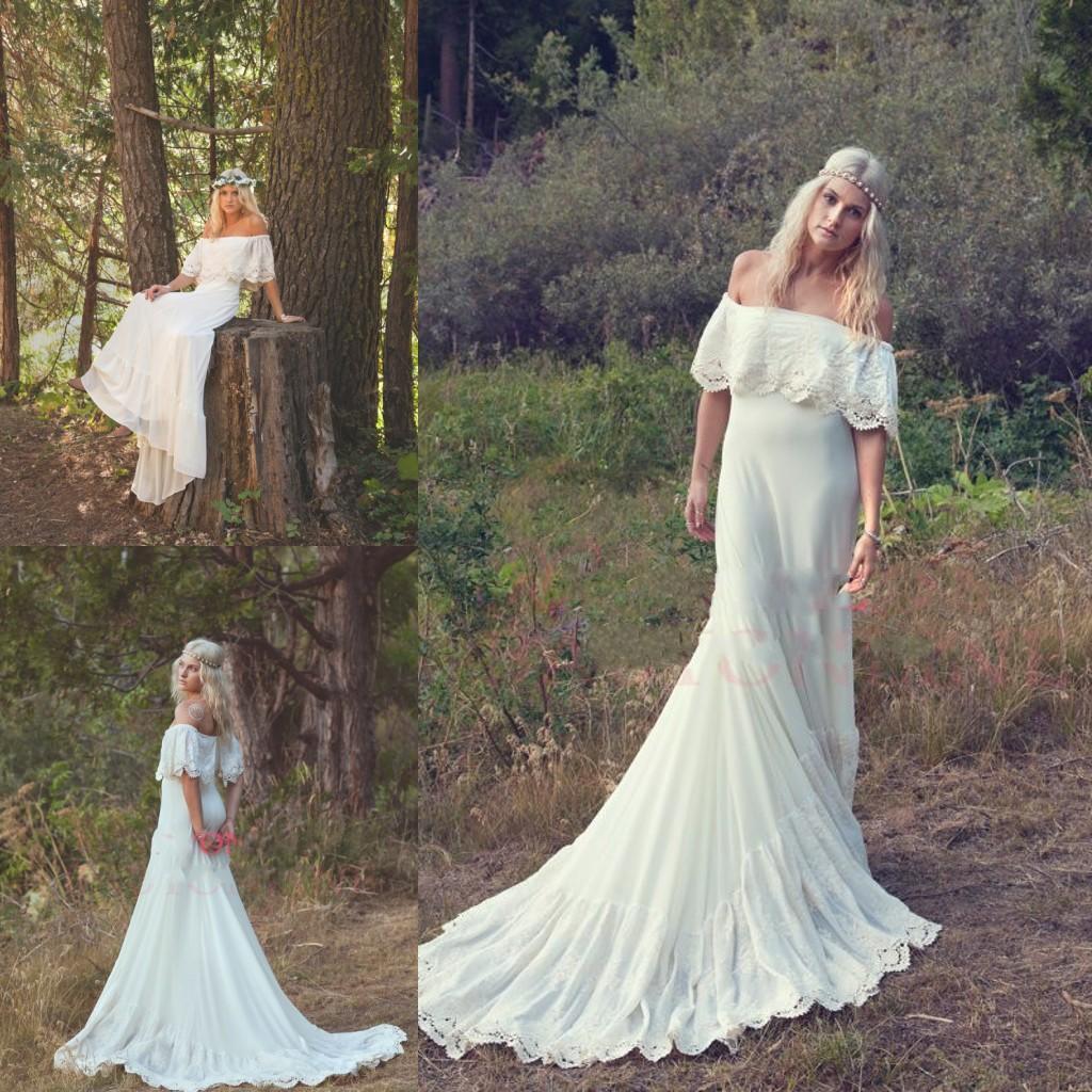 

Hot! Sexy Off the Shoulder A Line Bohemian Wedding Dresses Summer 2019 Lace Beach Boho Hippie Bridal Gowns Court Train Custom Made new, Ivory