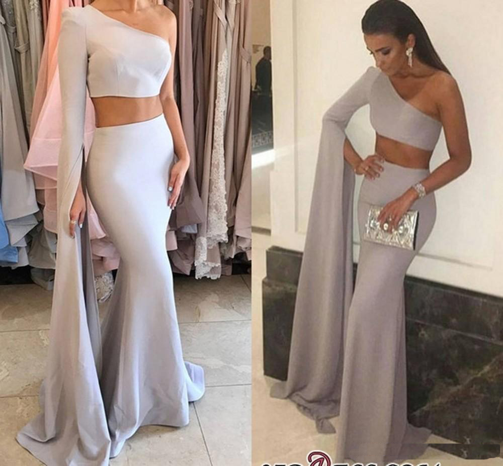 Sexy Two Pieces One Shoulder Mermaid Long Evening Dresses Satin Zipper Back Formal Evening Gowns Prom Dress Robe De Soiree
