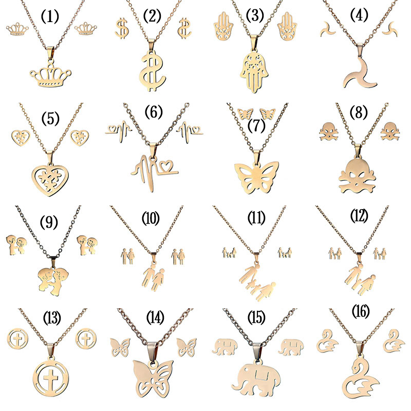 

Stainless Jewelry 316L Styles Sets Jewelry Heart Crown Skull Butterfly Steel Elephant Pendant Necklace Women Set For 16 Fashion Earring Ispe, Slivery;brown