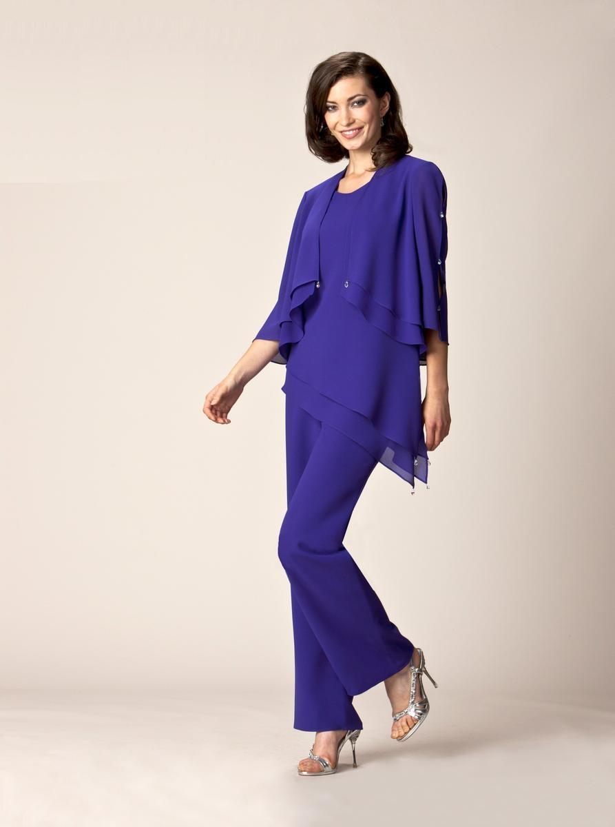 Costumes pantalon violet pour mère de la mariée, robes formelles d'été, col rond, manches flottantes, détails en cristal, nouvelle collection 201