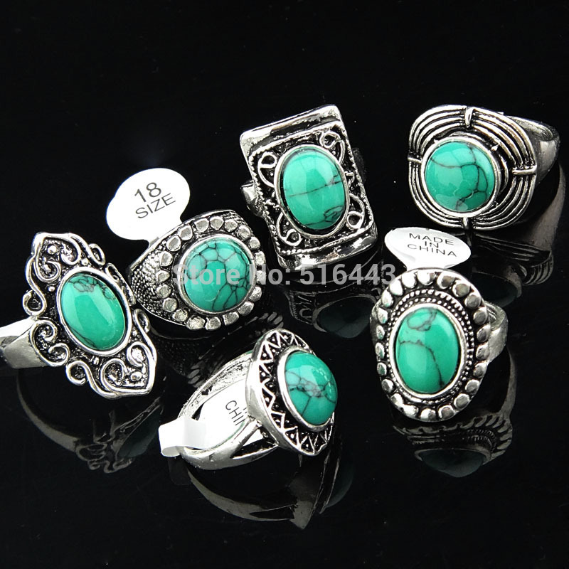 

Freeshipping 2016 New Arrival Vintage 5pcs Green Turquoise Stones Antique Silver Women Mens Rings Wholesale Jewelry Lots A-143