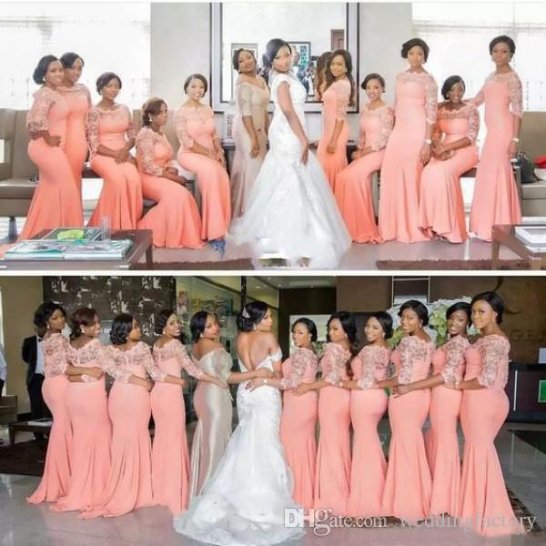 

Arabic African Coral Peach Blush Long Bridesmaid Dresses with Half Sleeves Plus Size Lace Mermaid Party Dress Beautiful