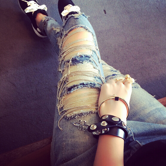 Wholesale-2015 new chain hole washed jeans women pencil pants brand fashion cotton cowboy trousers vintage ripped jean