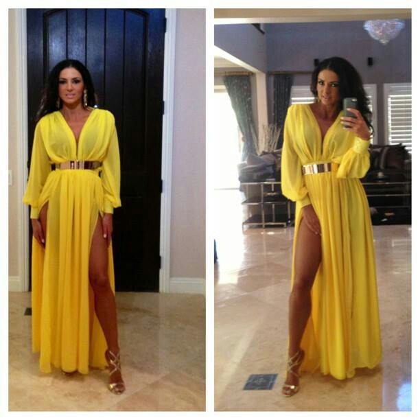 

2014 Yellow V-neck Michael Costello Evening Dresses Long Sleeves Side Slit and Sash Pleated Skirt Floor Length Chiffon Formal Celebrity Gown, Coral