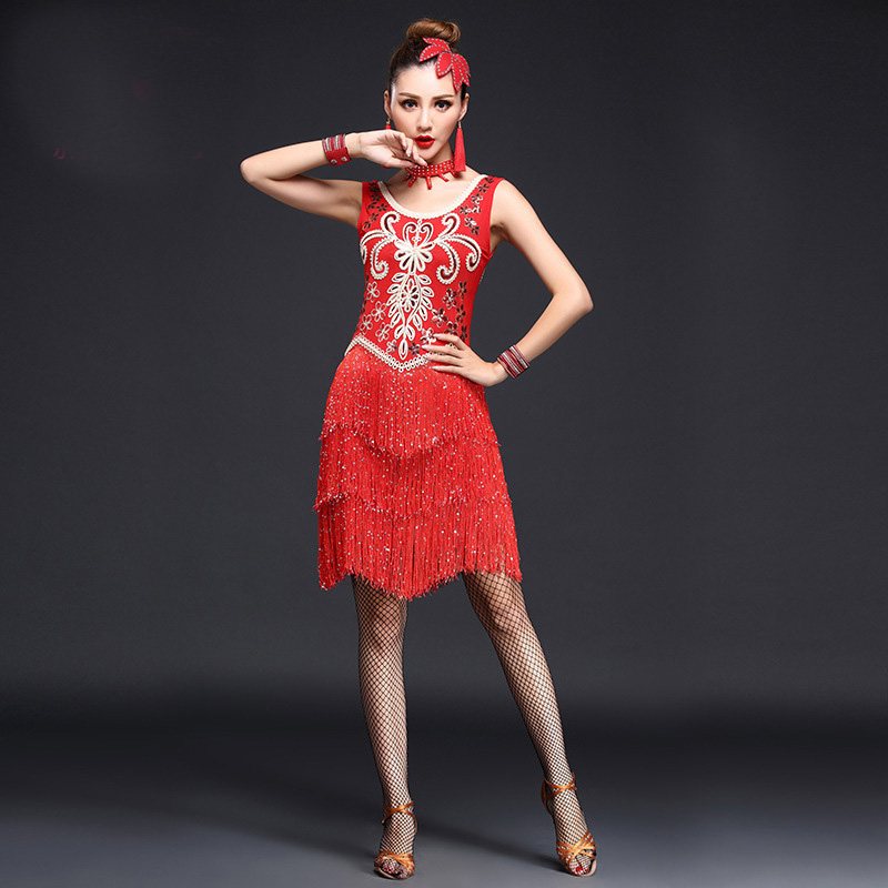 Tassels Women Competition Salsa Latin Dance Clothes Sequins Costume Set