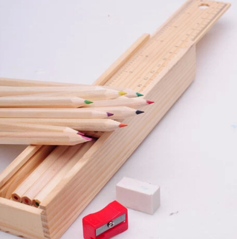 

12 pcs/lot Cute Colored Pencil Wooden Box with Ruler Pencil sharpener for Kids Gifts Free shipping 094
