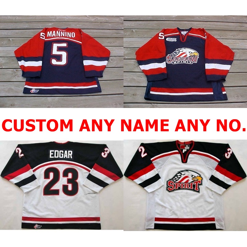 

Personalized OHL Saginaw Spirit Jersey 5 Mannino 23 Edgar Mens Womens Kids Stitched Ice Hockey Jerseys Custom Any name NO.Goalit Cut Jerseys, Black;red