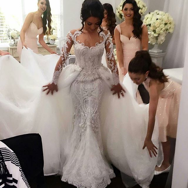 

Mermaid Bridal Gowns Long Train 2021 Wedding Dresses With Sheer Neck Appliques Plus Size Wedding Gowns With Lace Appliques Zipper Back, Ivory