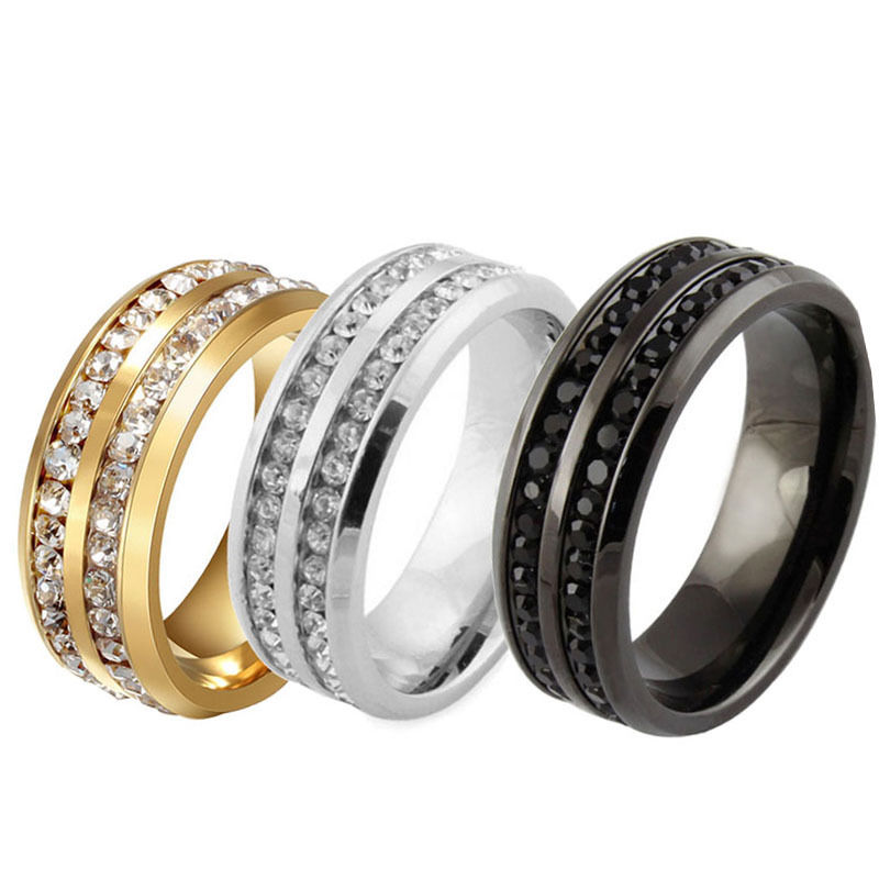 

Ring Jewelry Fashion Sz17-21 Black Gold Silver CZ Rhinestone Stainless Steel 30pcs lots Ring Men Womens Titanium Wedding Engagement Band