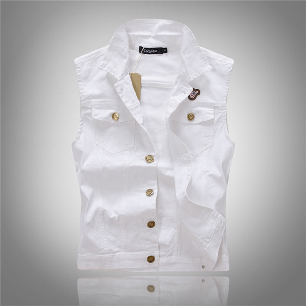 

Fall-All-match Men White Jean Waistcoat Classic Vintage Jean Vest Classic Sleeveless Jean Jacket Asian Size M