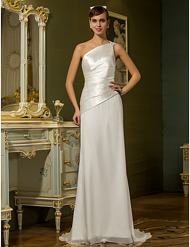 

2016 New Fashion Elegant Popular Free Shipping Ivory Sweep/Brush Train One Shoulder Chiffon/Stretch Satin Sheath/Column Wedding Dresses 135, White