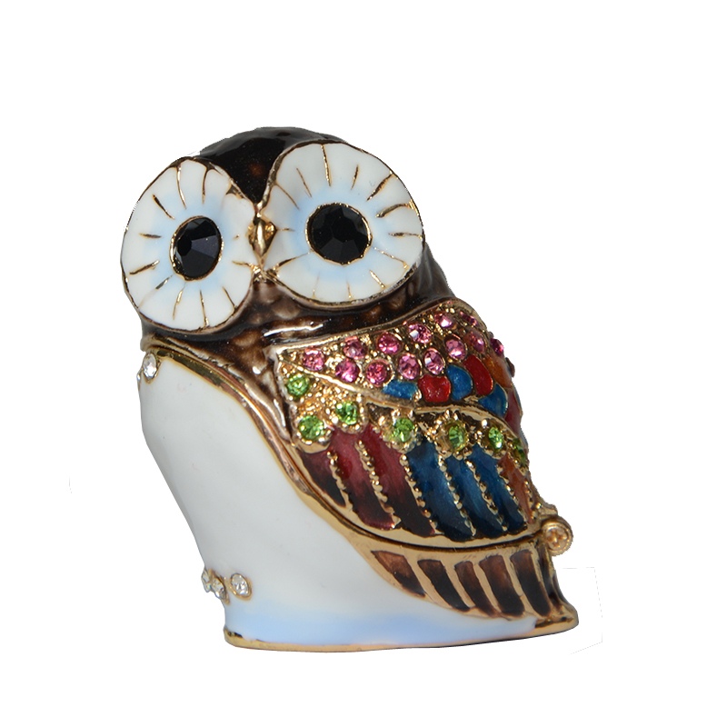 Mini fashion box alloy metal owl bird jeweled trinket box enamel rhinestone jewelry box container bird figurine metal giftwares-image-422617654