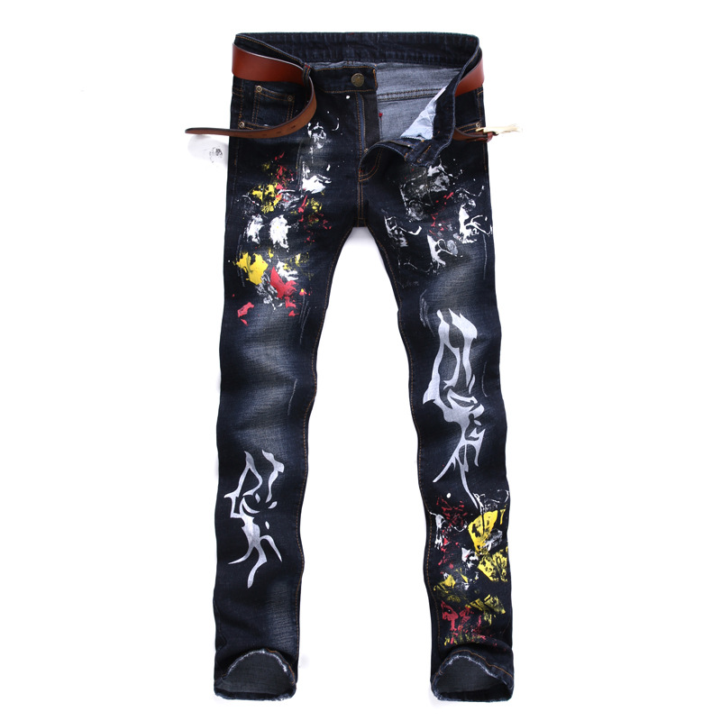 

Men's Jeans straight paint jeans men adult black paint mens jeans stretch slim jeans personalized handpainted ink, Blue