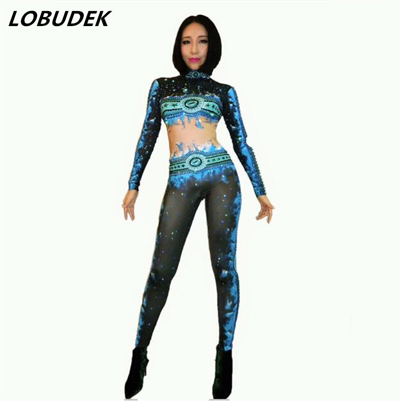 

Blue flame Sparkly Rhinestones jumpsuit sexy Leotard Elastic bodysuit Lead dance singer nightclub stage performance costumes DJ show outift