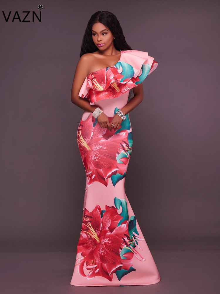 

VAZN New Arrive Best Quality 2017 Bandage Dress Slash Neck Maxi Print Dresses One Shoulder Summer Long Dress LZ-203 q1118, White