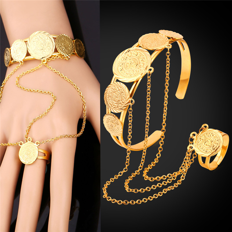Women's Special Design Slave Bracelet Christmas/Birthday Gift Round Charms Cuff Bracelet Ring Gold Jewelry Set-image-263436074