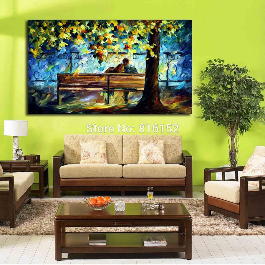 

Romantic Lovers Snuggle On The Park Bench 100% Hand-painted Palette Knife Oil Painting Canvas Wall Art for Office Home Decor