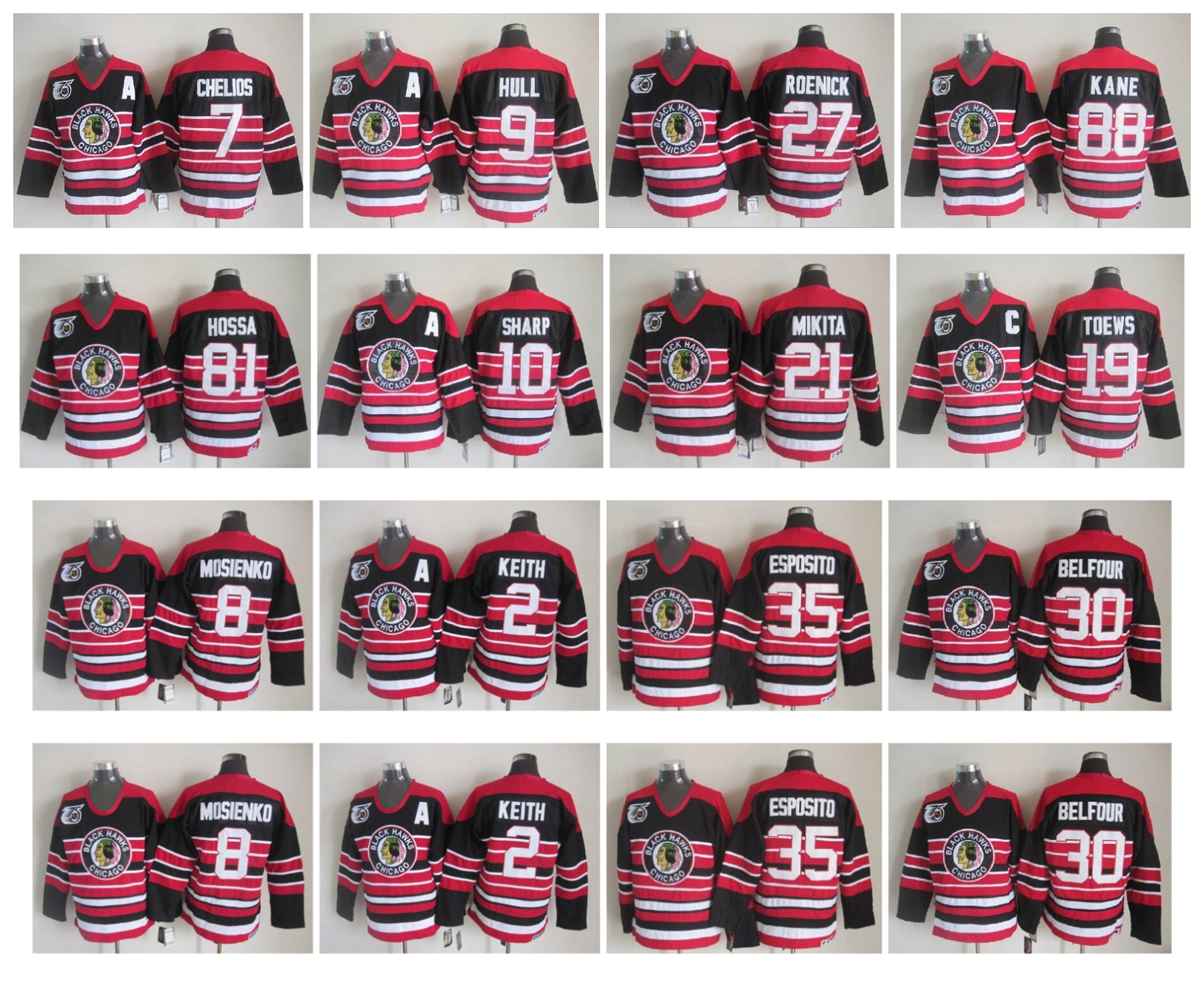 

75th Anniversary Chicago Blackhawks Hockey Jerseys 19 Jonathan Toews 8 Nick Schmaltz 2 Duncan Keith 81 Marian Hossa 10 Sharp 21 Stan Mikita, White
