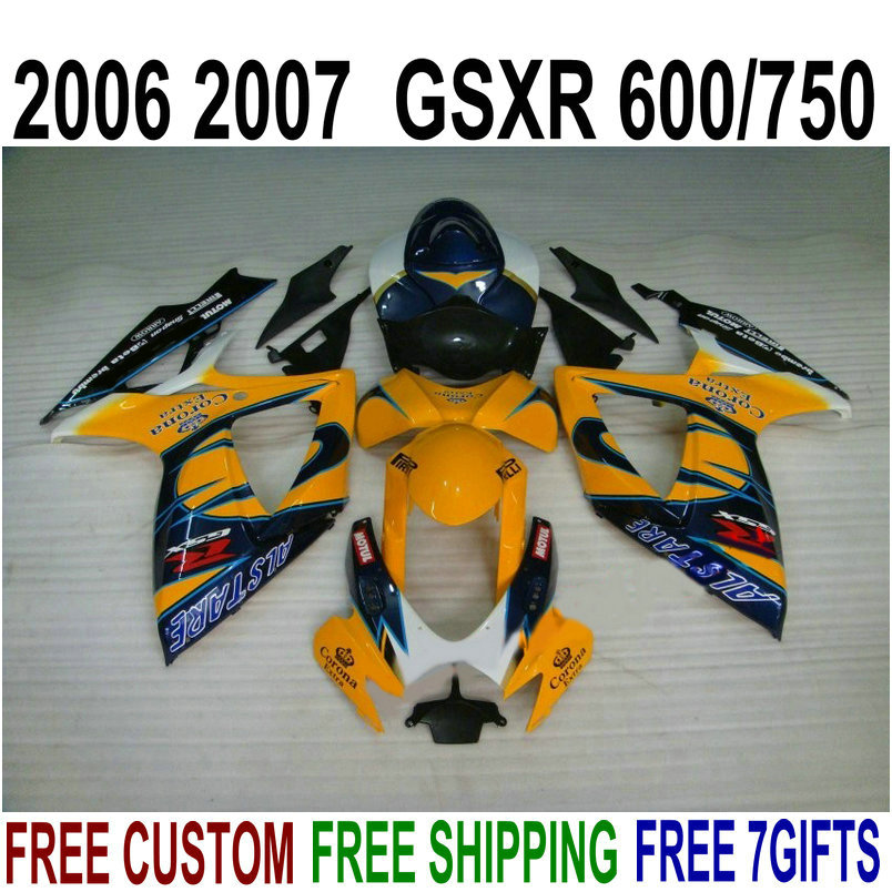 

Perfect Fit for SUZUKI GSXR600 GSXR750 2006 2007 K6 custom fairing kit GSXR600/750 06 07 orange blue Corona fairings set F60Q, Same as the picture shows