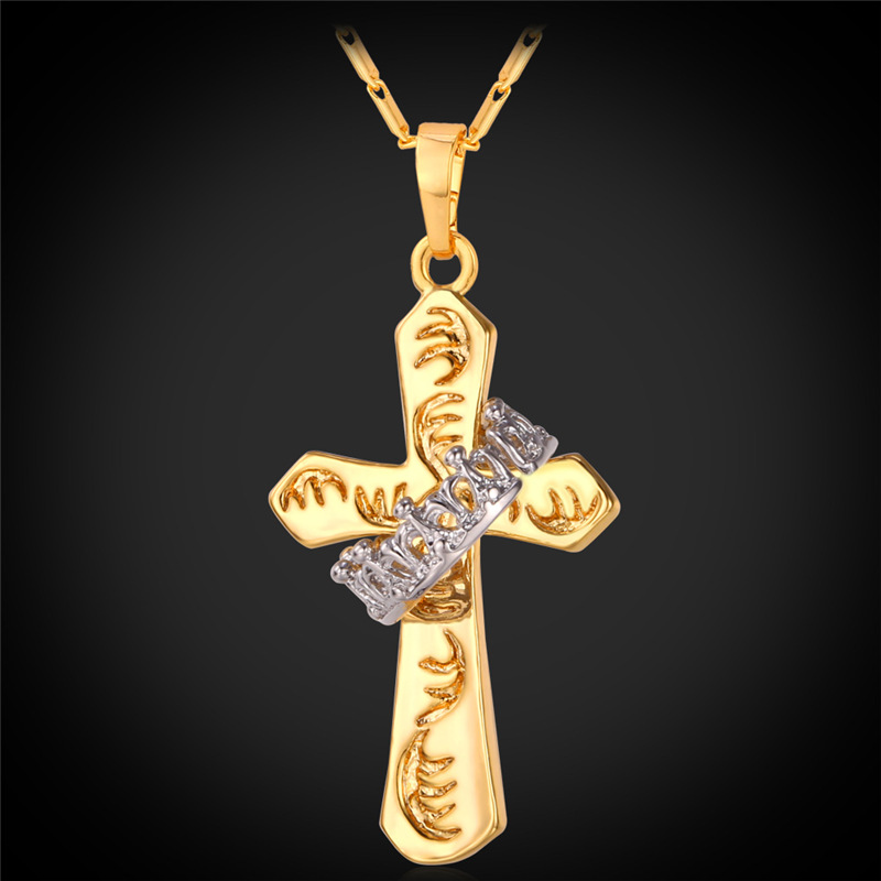 Unisex Two Tone Gold Cross Pendants 18K Real Gold/Platinum Plated High Quality Delicate Crown Ring Necklaces-image-263838134