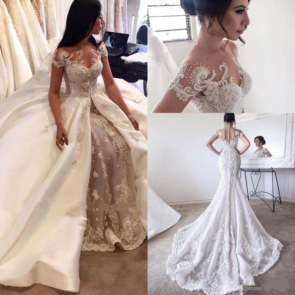 

2018 Luxury Overskirts Mermaid Wedding Dresses Jewel Neck Illusion Cap Sleeves Lace Appliques Crystal Beading Pearls Plus Size Bridal Dress, Ivory