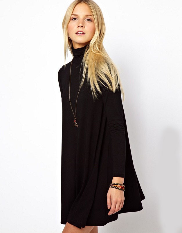 

2014 Autumn Winter New Fashion Black Solid Long Sleeve Women Plus Size Swing Sweaters Cardigan Cute Casual Dresses