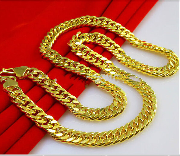 

Wholesale-78g Burly men's 24k solid yellow gold GF Thick necklace chain 23.6" 8mm wide