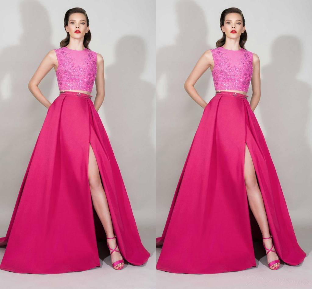 

Zuhair Murad 2016 Fuchsia Lace And Satin Two Pieces Evening Dresses Sexy Split Side With Sequin Prom Gowns Custom Made China EN121410, Blue