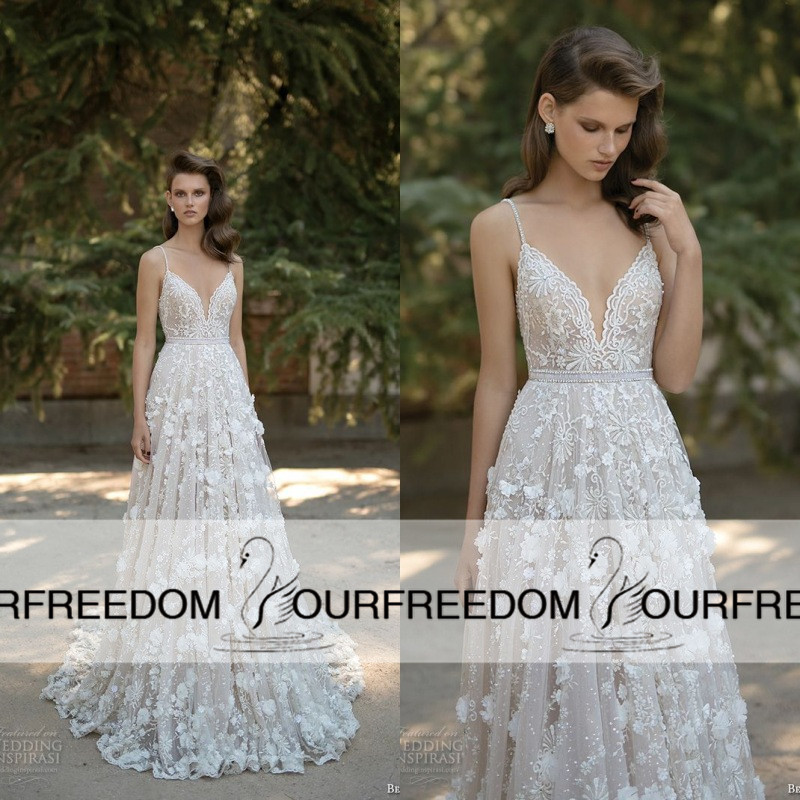 

2019 Berta Latest Long Wedding Dresses 3D Flora Appliques Spaghetti V Neck Bridal Gown Custom Made Garden Wedding Dresses High Quality, Ivory