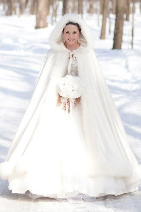 

New Arrival 2021 Custom Made White Winter Gorgeous Satin Hooded Wedding Coat Dresses Formal Bridal Cape Wrap