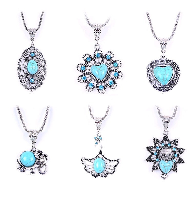 

Wholesale Tibetan Silver Jewelry in Bulk Personality Turquoise Chokers Necklace Cheap European Hollow-out Many styles pendants 18 types