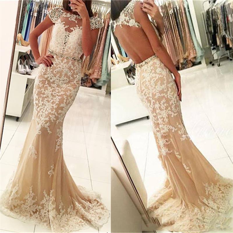 

Evening Dresses 2018 New Illusion Cap Sleeves White Lace Appliques Beaded Champagne Mermaid Tulle Backless Sweep Train Party Dress Prom Gown, Light yellow