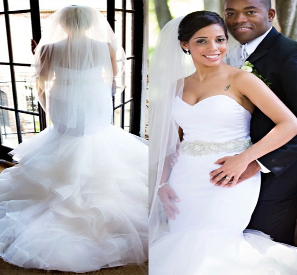 

2016 Sexy White Mermaid Wedding Dresses With Wave Details Sparking Sweetheart Cascading Ruffles Vestidos de Novia Plus Size Bridal Gowns
