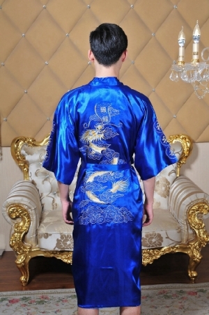 

Wholesale-Free Shipping Chinese men's Satin Polyester Embroidery Robe Kimono Nightgown Dragon Sleepwear  L XL XXL 4 color, Dark blue