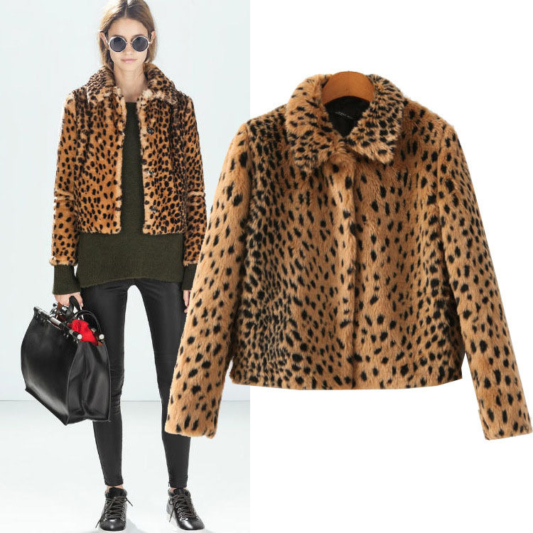 

SZ24503 Autumn Jacket 2015 Fashion Faux Fur Coat Fleece Leopard Animal Print Jacket Outerwear Long Sleeve Lapel Collar Thick, Yellow