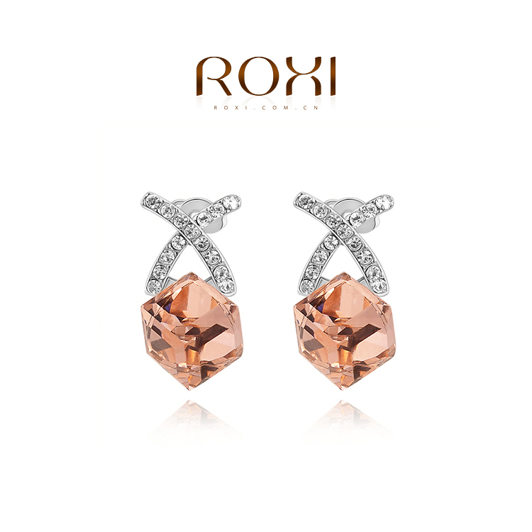 

015 ROXI 2014 New Fashion Jewelry Platinum Plated Statement X Cross Orange Stone Stud Earrings For Women Party Wedding Free Shipping
