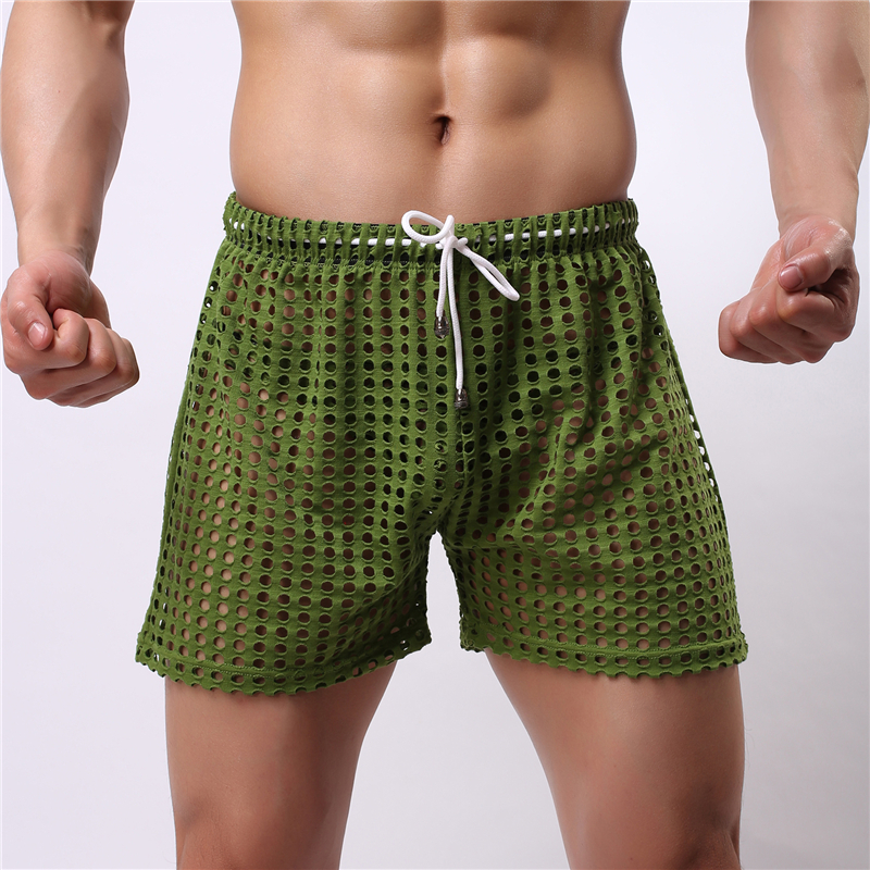 

New Erotic Men Boxer Shorts Gay Underwear Fashion Mesh Hollow Out See Through Breathable Nightwear Sexy Boxer Sleepwear Male Clubwear, Yellow