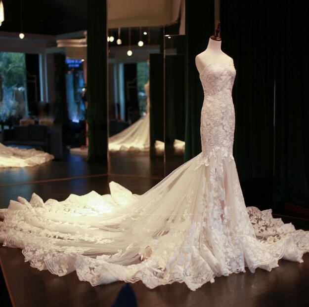 

mermaid strapless sweep train sexy wedding dresses high quality custom made vinatge tulle applique wedding gowns, Ivory
